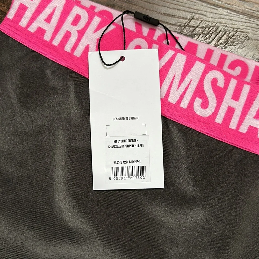Gymshark FIT CYCLING shorts gray pink waist white letters SZ L BNWT HTF RETIRED